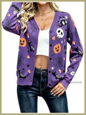 Black Cat Cardigan Button Down V Neck Long Sleeve Knit Sweater